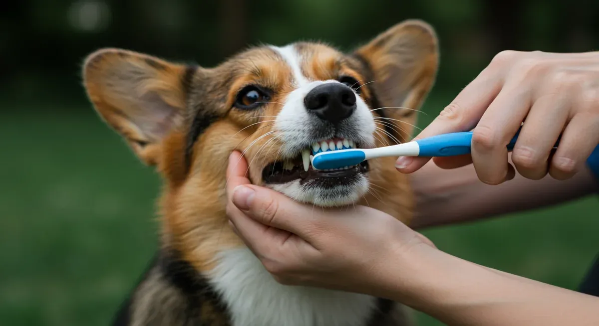 A Cardigan Welsh Corgi receiving dental care with tooth brushing, demonstrating preventive dental hygiene practices
