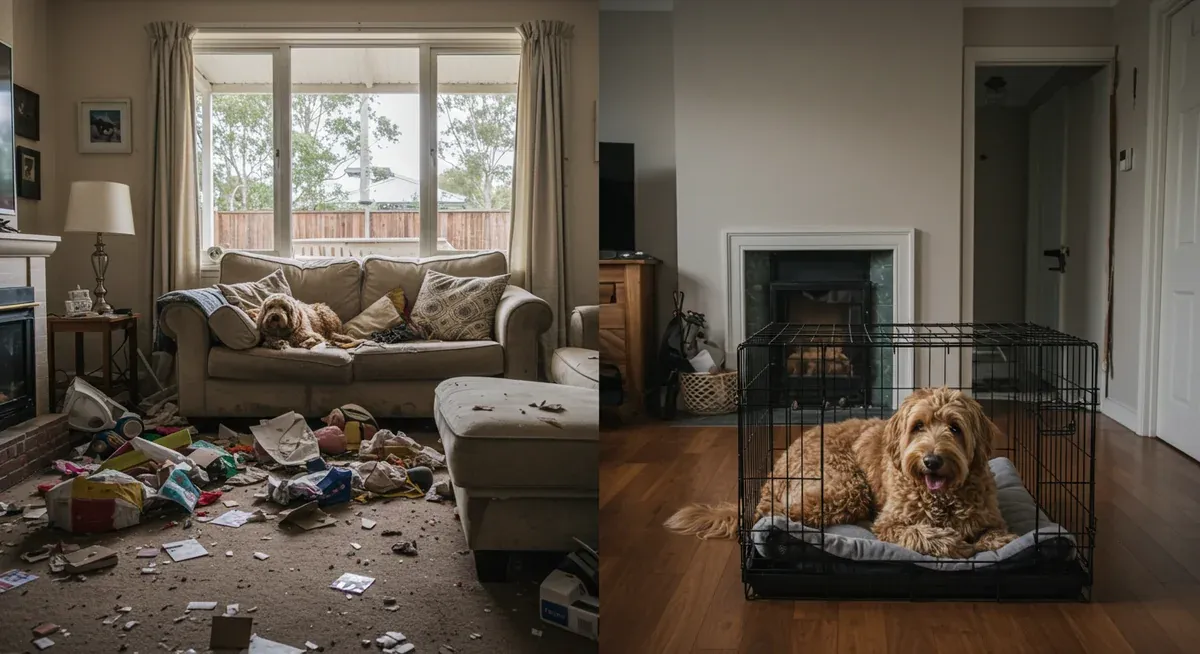 Before and after comparison showing destructive behavior versus a peaceful scene with a crate-trained Goldendoodle, illustrating the prevention benefits of crate training