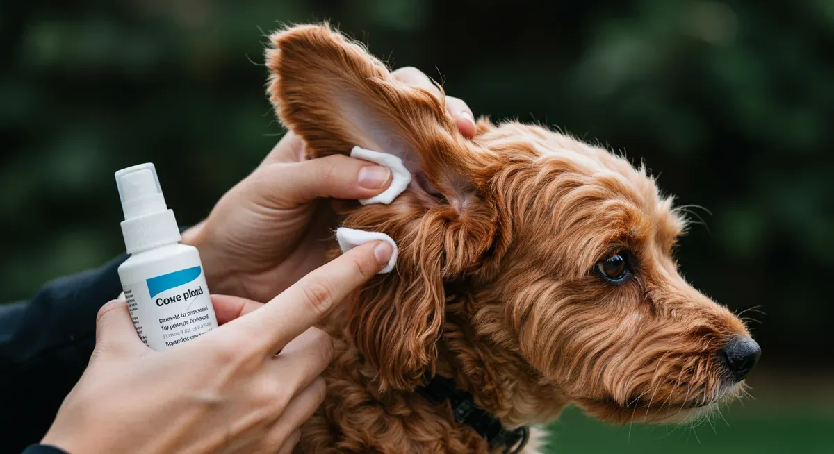 Proper ear cleaning technique being demonstrated on a Cavoodle's floppy ear to prevent bacterial and yeast infections common in this breed