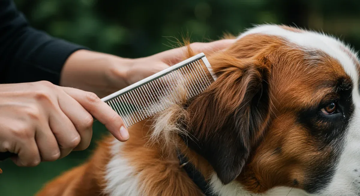 Close-up view of gentle mat removal technique using a metal comb on a Saint Bernard's coat, demonstrating proper tangle prevention
