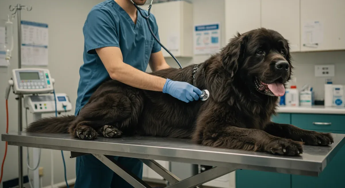 A veterinarian examining a Newfoundland dog's abdomen with a stethoscope, illustrating the importance of recognizing bloat symptoms and seeking immediate veterinary attention