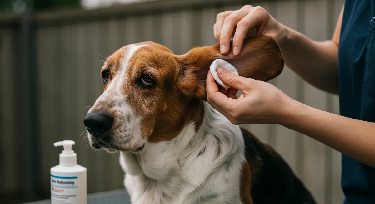 Basset Hound having its ears gently cleaned with proper veterinary supplies, demonstrating essential allergy prevention care