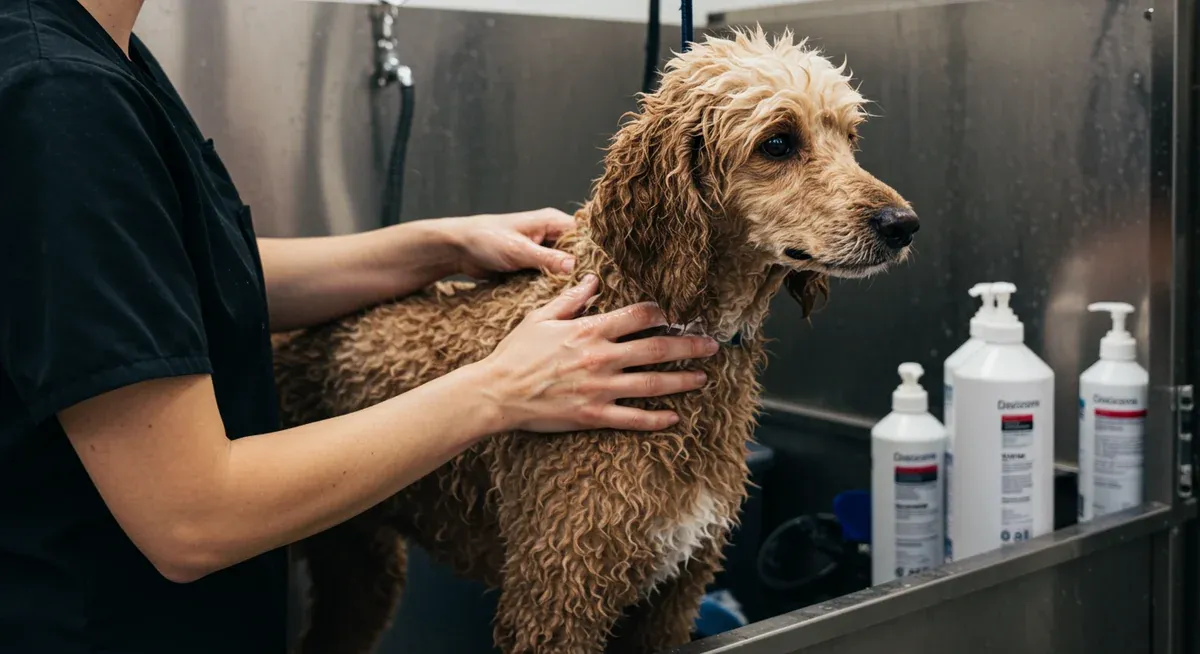 A Poodle receiving a professional hypoallergenic bath as part of allergy prevention care, showing proper grooming techniques for the breed