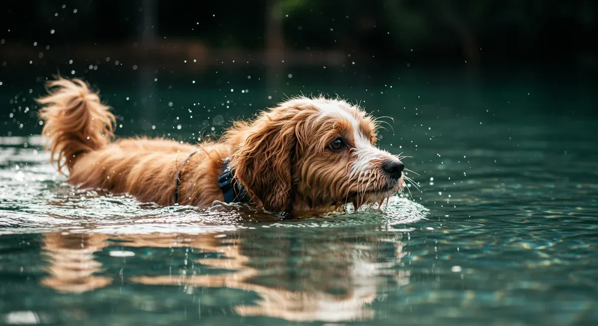 A Cavoodle swimming, demonstrating low-impact exercise that helps prevent hip dysplasia while building muscle strength without stressing joints