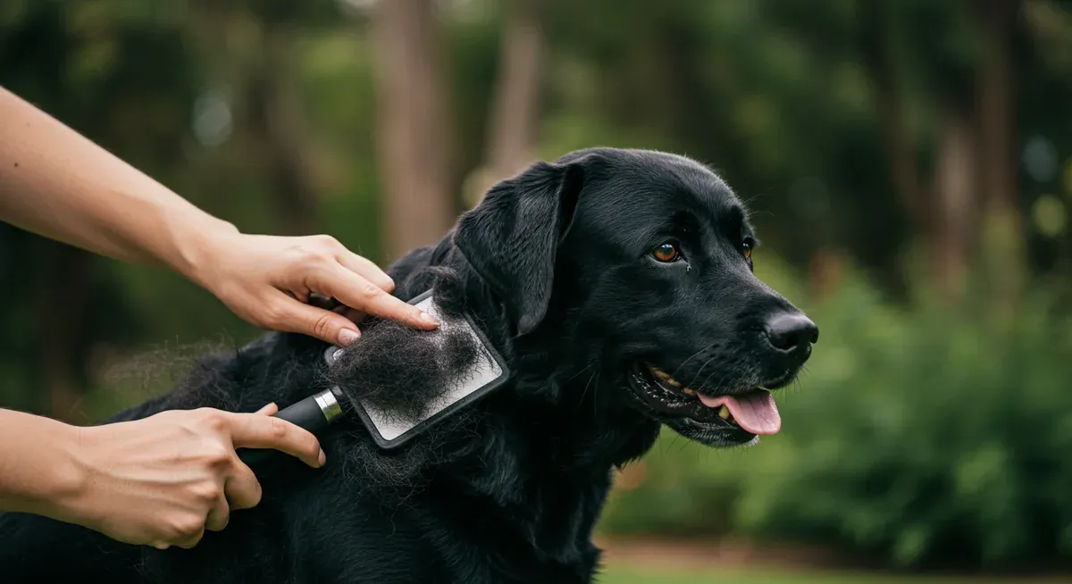 A black Labrador being brushed outdoors showing proper grooming technique to prevent skin conditions, with loose fur visible on the brush