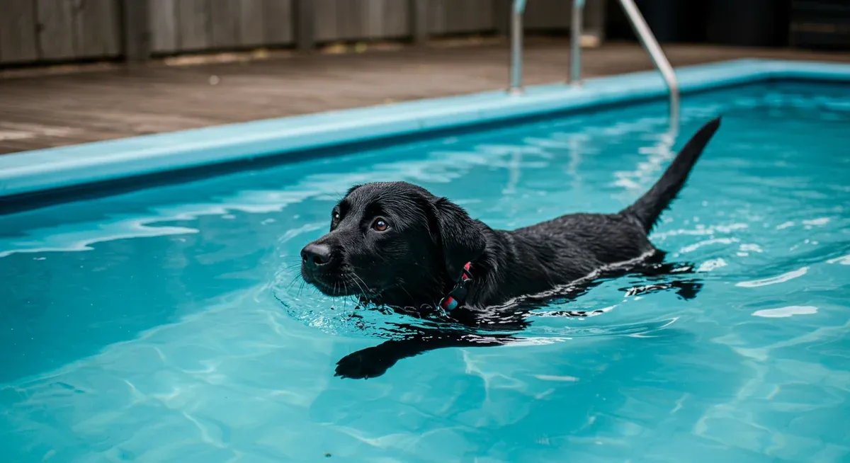 A Labrador puppy swimming in a therapy pool, demonstrating the ideal low-impact exercise recommended for preventing hip dysplasia progression