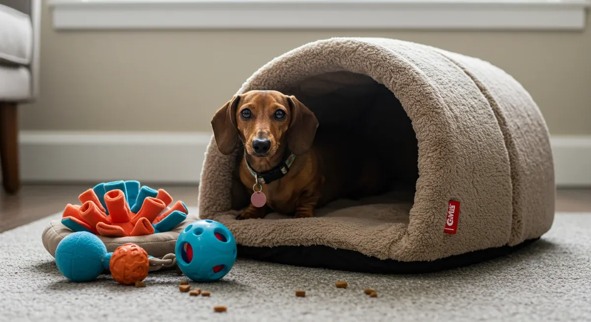 A burrow-style dog bed designed for Dachshunds alongside interactive toys including puzzle feeders and treat-dispensing balls that help redirect digging behavior