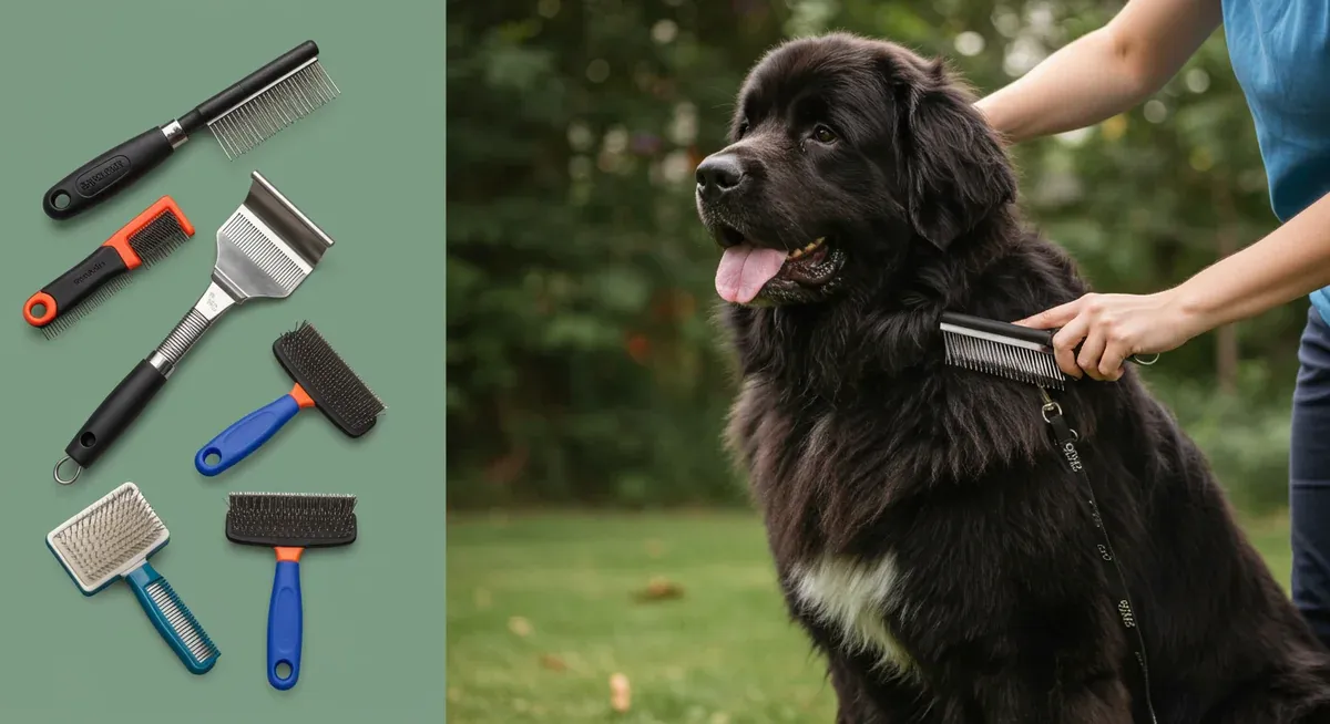 Professional grooming tools and equipment being used on a Newfoundland, demonstrating the specialized brushes and rakes needed for managing thick double coats