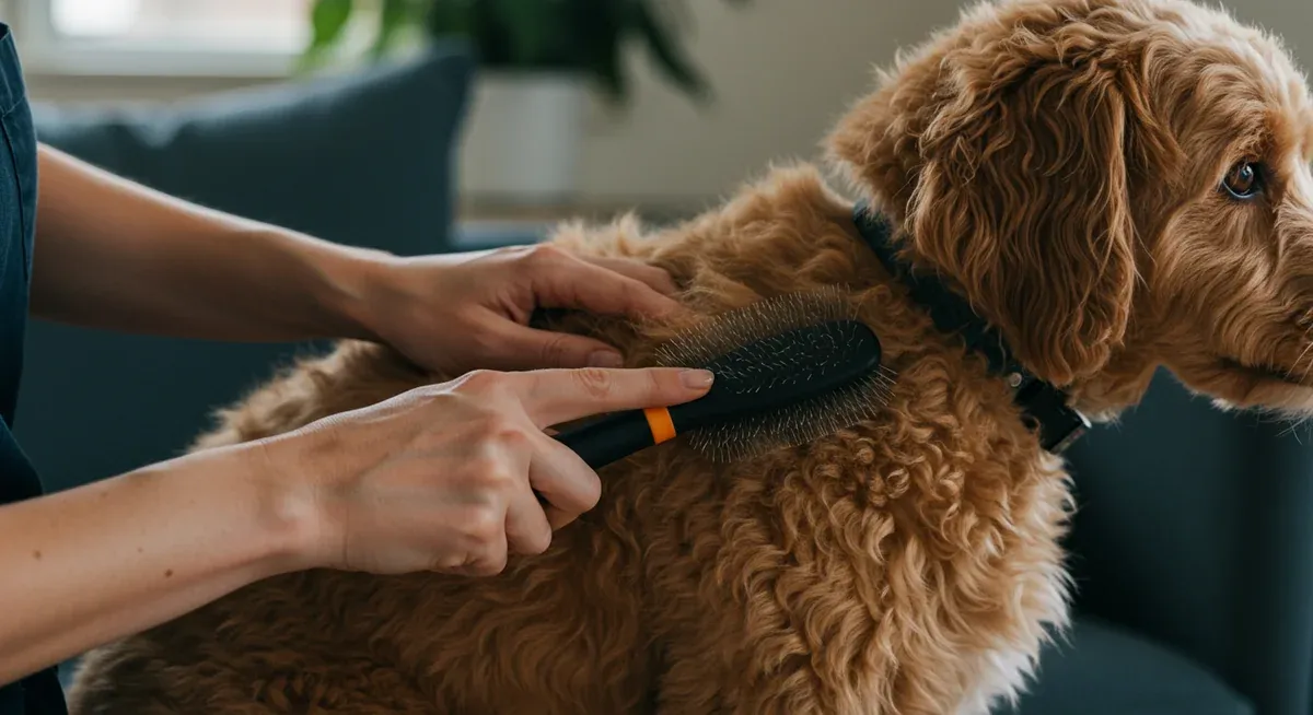 Demonstration of proper brushing technique on a Goldendoodle, showing how to gently work through areas prone to matting behind the legs