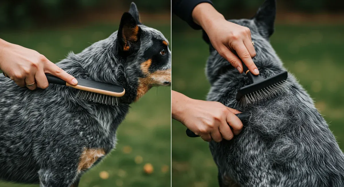 Demonstration of proper brushing techniques on Blue Heeler's double coat, showing brush movement through dense fur layers to remove loose undercoat