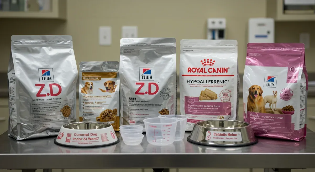 Prescription hypoallergenic dog food products and feeding supplies used in elimination diet trials for diagnosing food allergies in dogs