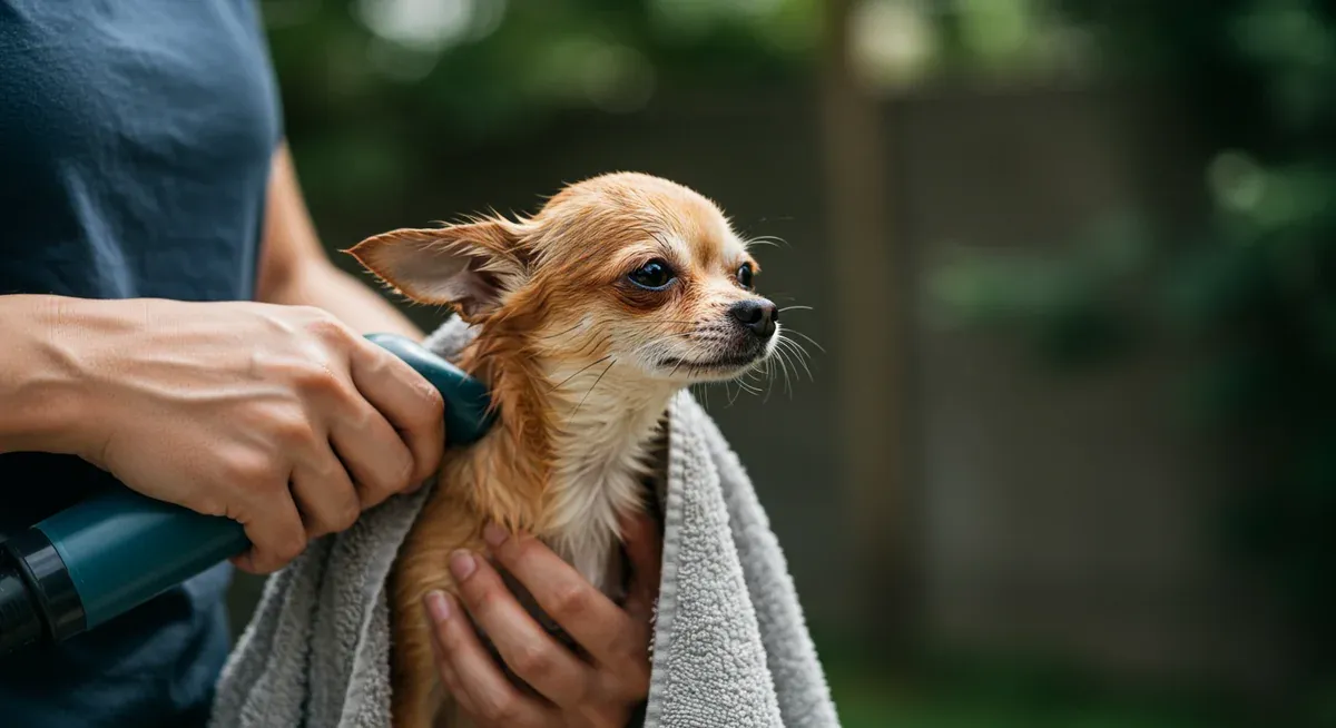 A wet Chihuahua being gently dried with a pet-safe blow dryer on low heat setting, demonstrating proper drying techniques to prevent chilling