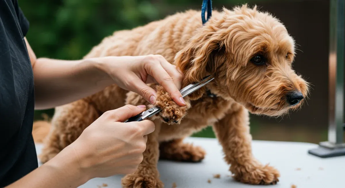 Professional grooming of a Goldendoodle's paws and ears showing proper hair trimming techniques for health and comfort