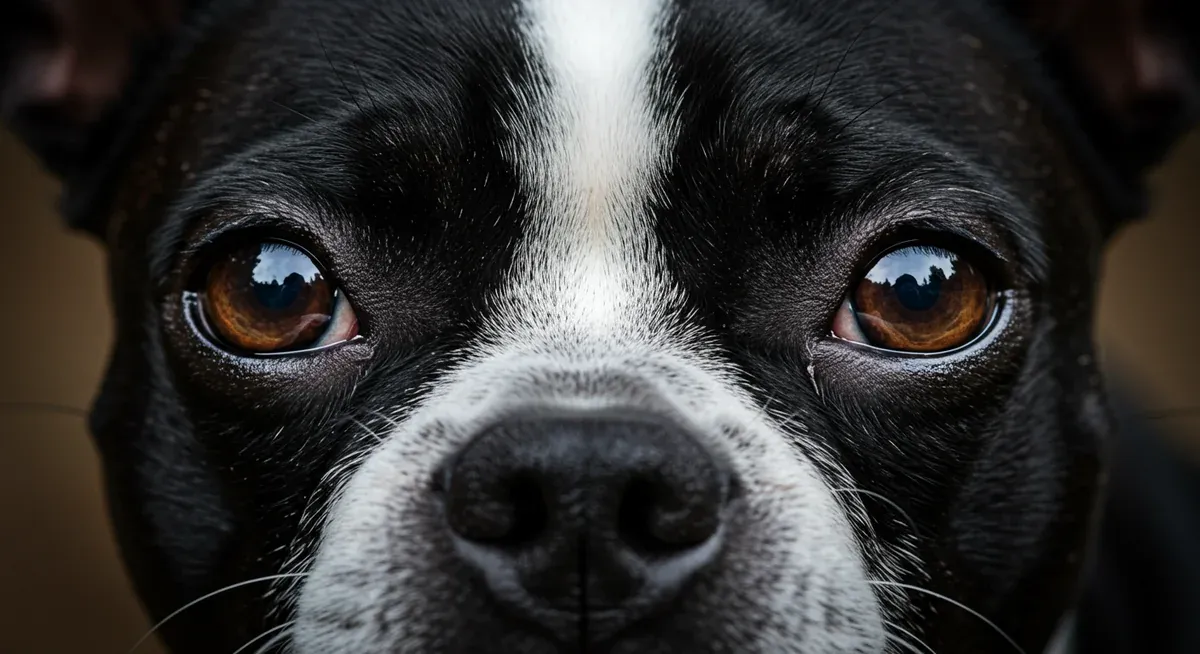 Detailed view of a Boston Terrier's large, prominent eyes that protrude from their flat face, showing why they're susceptible to eye injuries and conditions