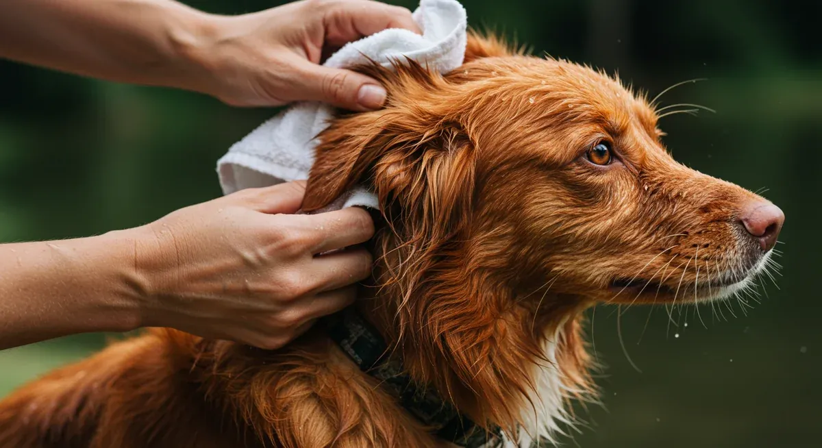 Close-up of a Nova Scotia Duck Tolling Retriever having their ears gently dried with a towel after swimming, demonstrating the essential ear care needed to prevent infections in this water-loving breed.