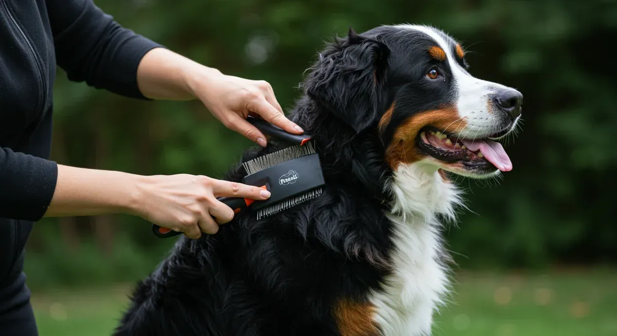 Demonstration of proper brushing technique showing hands using a slicker brush to work through a Bernese Mountain Dog's thick double coat from base to tip