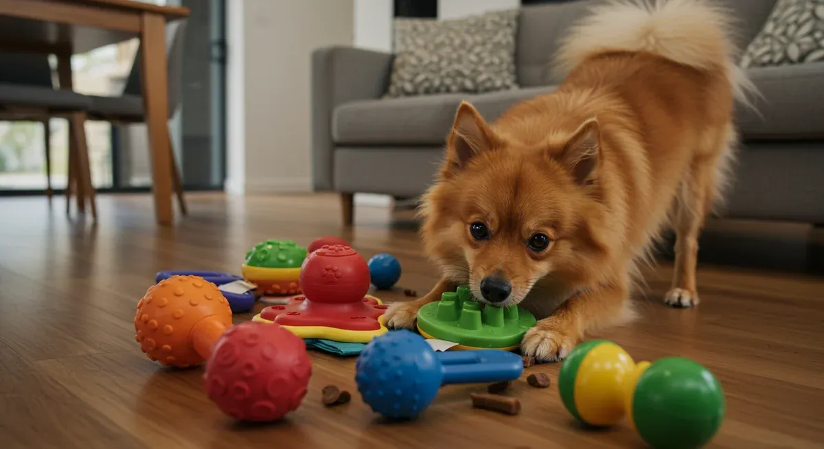 Pomeranian dog playing with puzzle toys and treat-dispensing toys on a living room floor, demonstrating mental stimulation activities that can reduce boredom-related barking