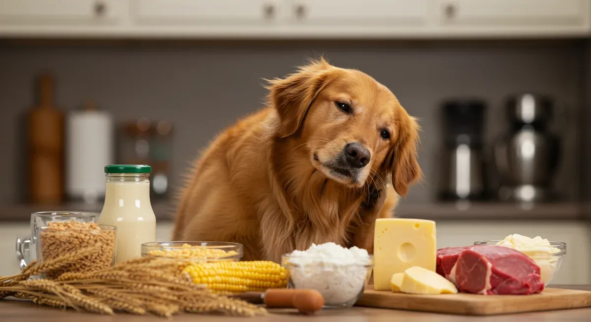 Golden Retriever scratching their ear showing signs of food sensitivity, with common allergen foods visible in the background, illustrating symptoms owners should watch for