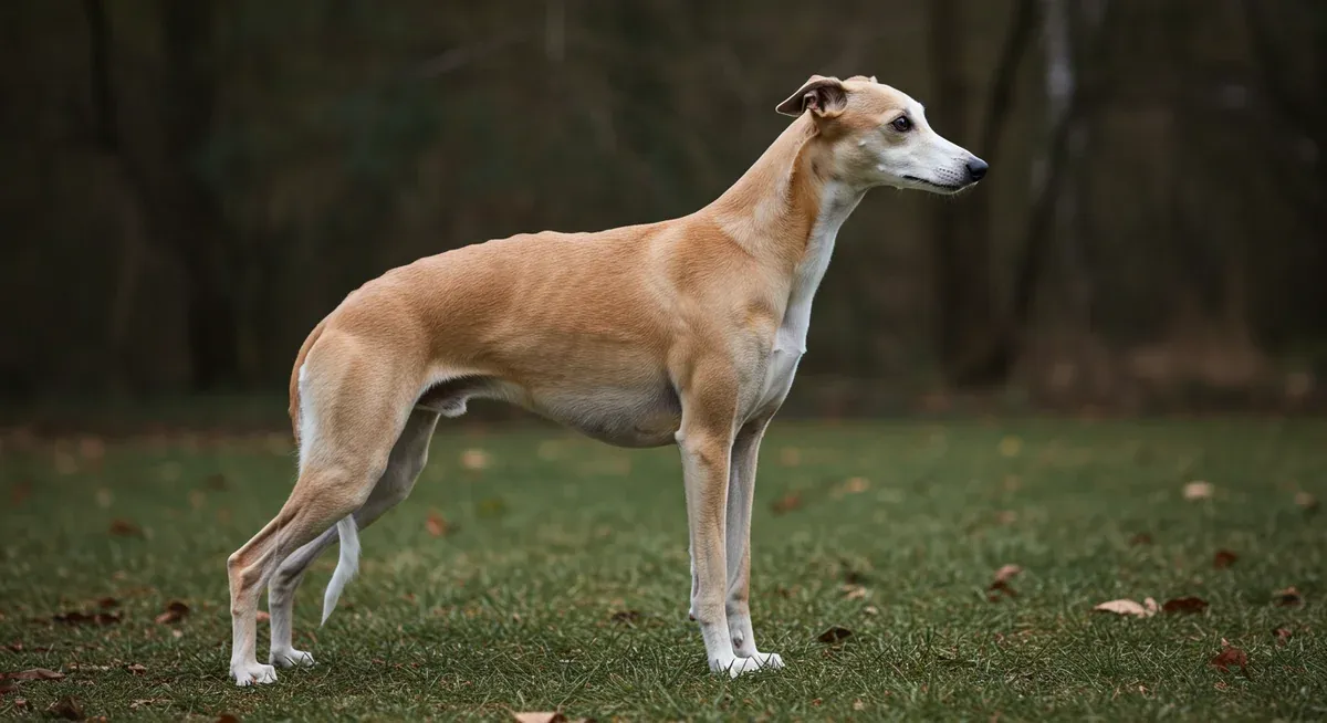 Side profile of a Whippet showing their characteristic deep chest structure that predisposes them to gastric bloat, a life-threatening emergency condition