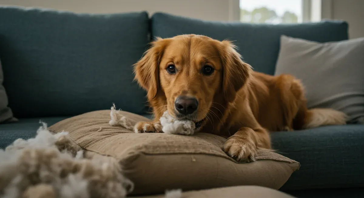 A Golden Retriever having chewed a couch cushion with stuffing scattered around, illustrating the destructive behaviors that result from inadequate exercise as discussed in the problem-solving section.