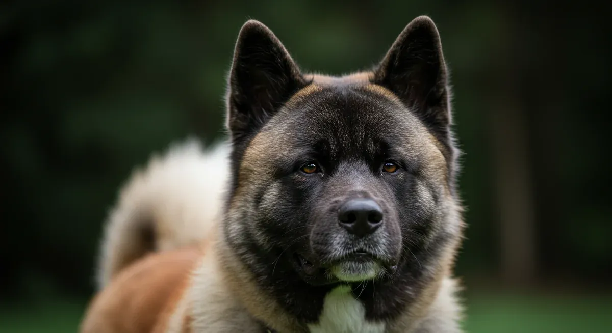 Close-up of a relaxed Akita showing calm facial expression and soft eyes, demonstrating positive communication signals and content body language