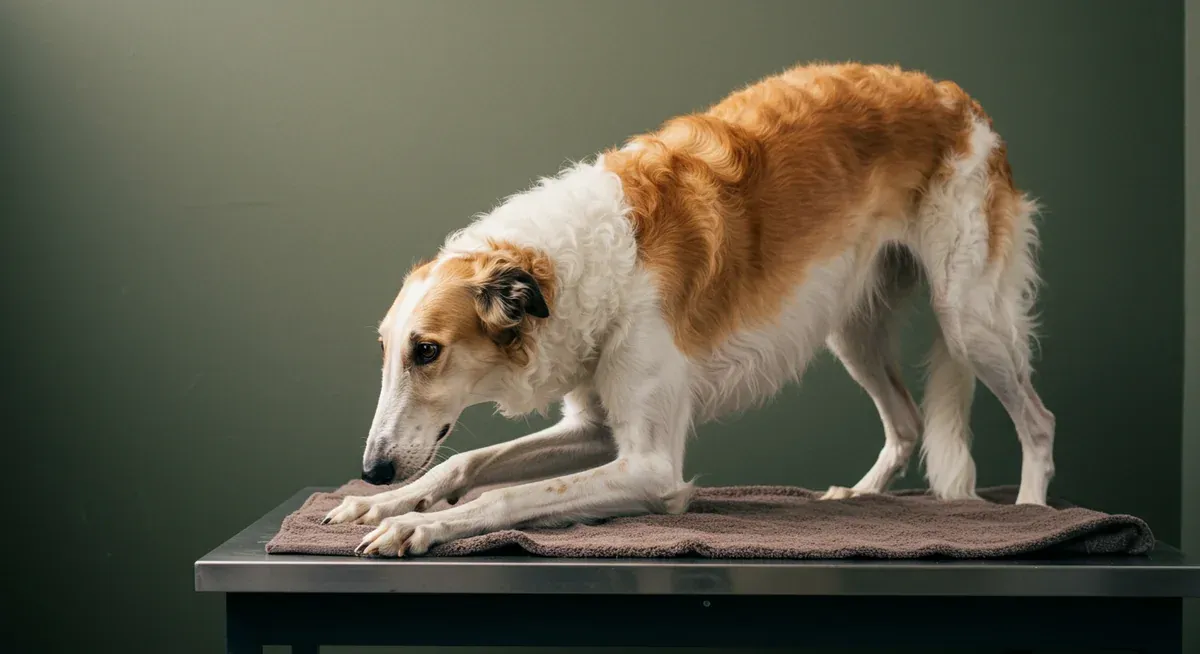 Older Borzoi dog carefully rising from lying position, demonstrating the movement difficulties associated with joint disorders like hip dysplasia
