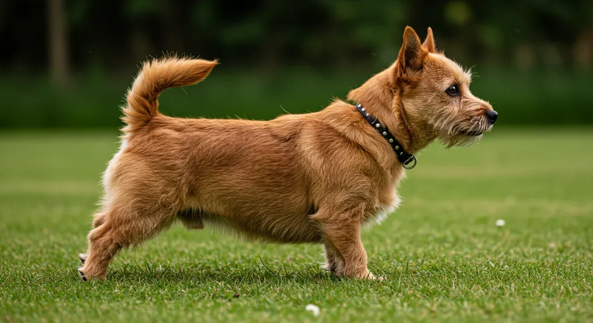 Side view of a Norfolk Terrier demonstrating the skipping gait associated with patellar luxation, with one rear leg lifted while walking, illustrating a key symptom owners should recognize