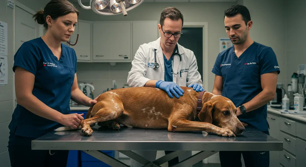 Treeing Walker Coonhound being examined by a veterinarian for mobility issues, demonstrating the serious neurological condition polyradiculoneuritis