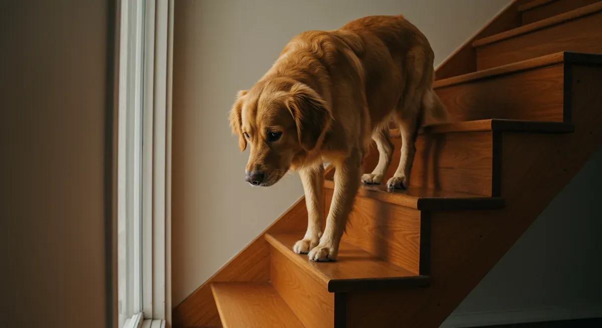 Golden Retriever carefully and hesitantly walking down wooden stairs, demonstrating the cautious behavior that often signals vision problems in dogs