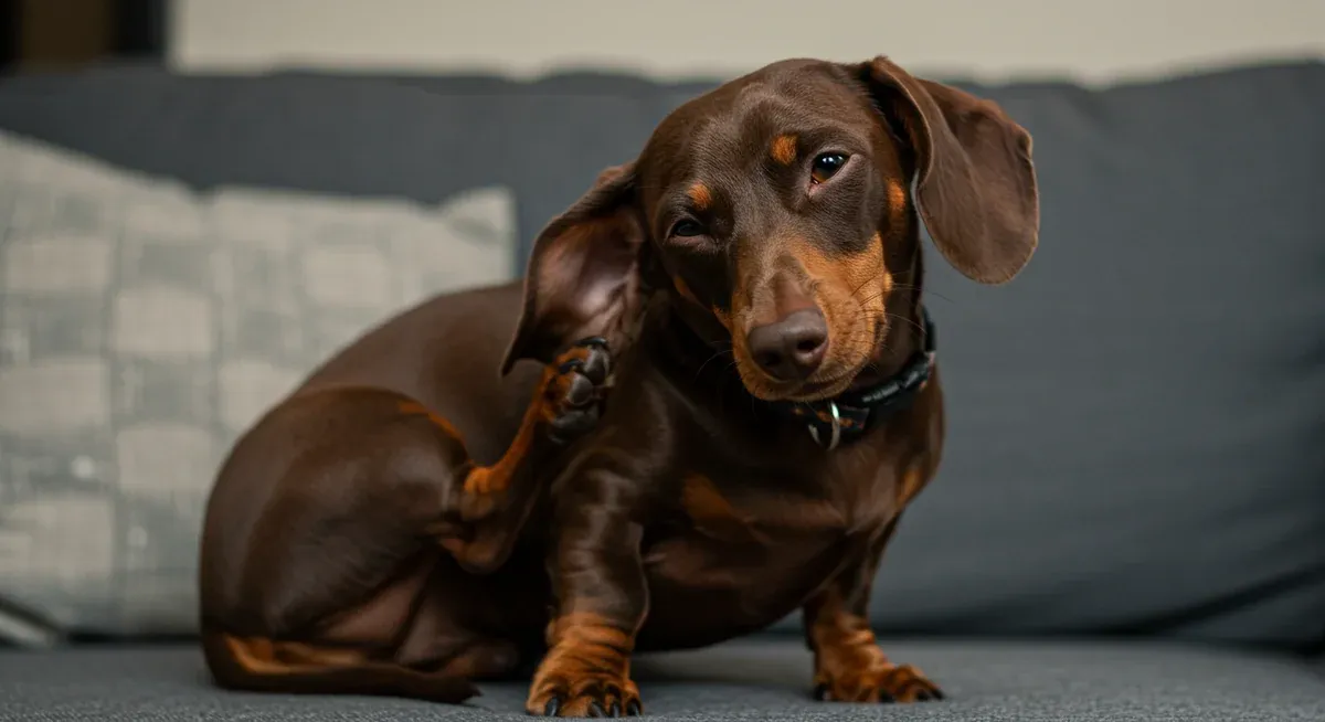 A chocolate Dachshund scratching at its ear with its paw and tilting its head, demonstrating common warning signs of ear infection
