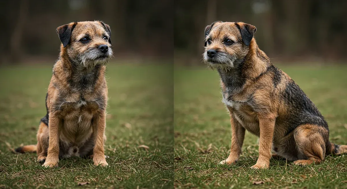 Side-by-side comparison of Border Terriers showing the difference between ideal body condition and overweight condition for health awareness