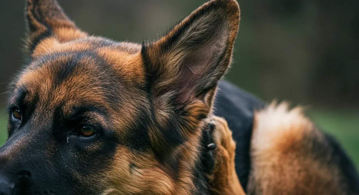 Close-up of a German Shepherd's ear showing signs of irritation and the dog scratching, illustrating symptoms that indicate ear problems requiring veterinary attention
