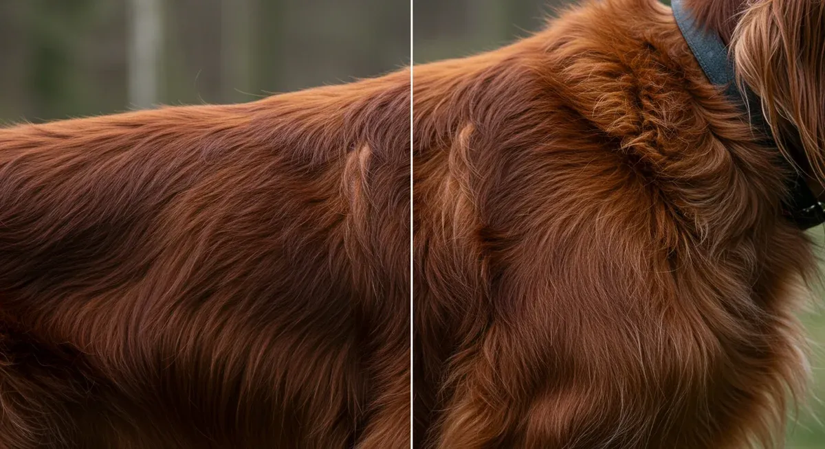 Visual comparison of normal versus problematic shedding patterns in Irish Setter coat, helping owners identify when veterinary attention may be needed