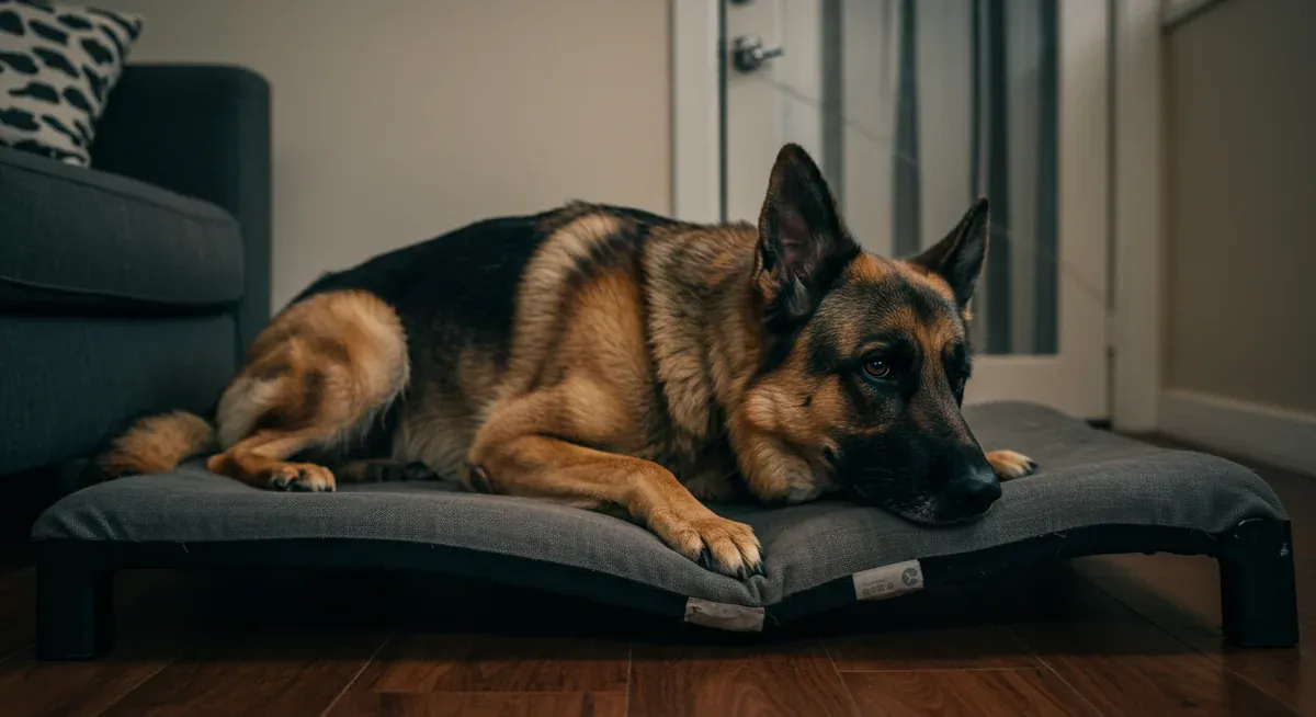 German Shepherd showing stiffness and discomfort while rising from an inadequate, flattened dog bed