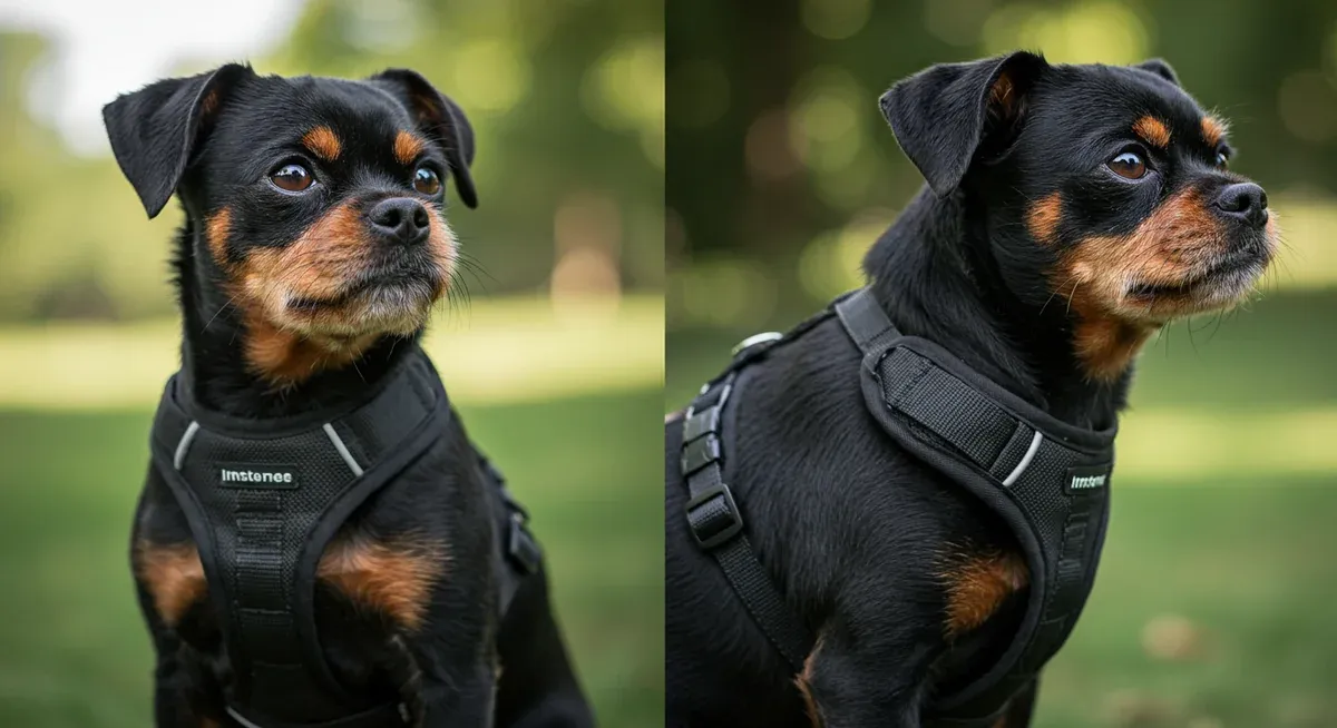 Side-by-side comparison of an Affenpinscher wearing a chest harness versus a collar, illustrating the safer option for preventing collapsed trachea