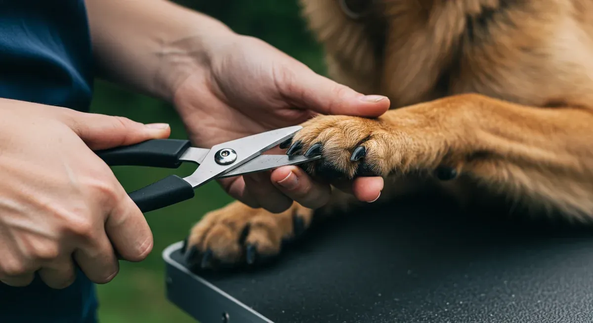Close-up view of proper nail trimming technique on a German Shepherd's paw, demonstrating safe cutting distance from the quick