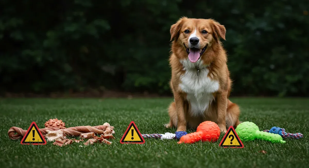 Comparison of unsafe chew toys including splintered rawhide and small toy pieces versus safe alternatives, illustrating potential choking hazards and safety concerns for Golden Retriever puppies