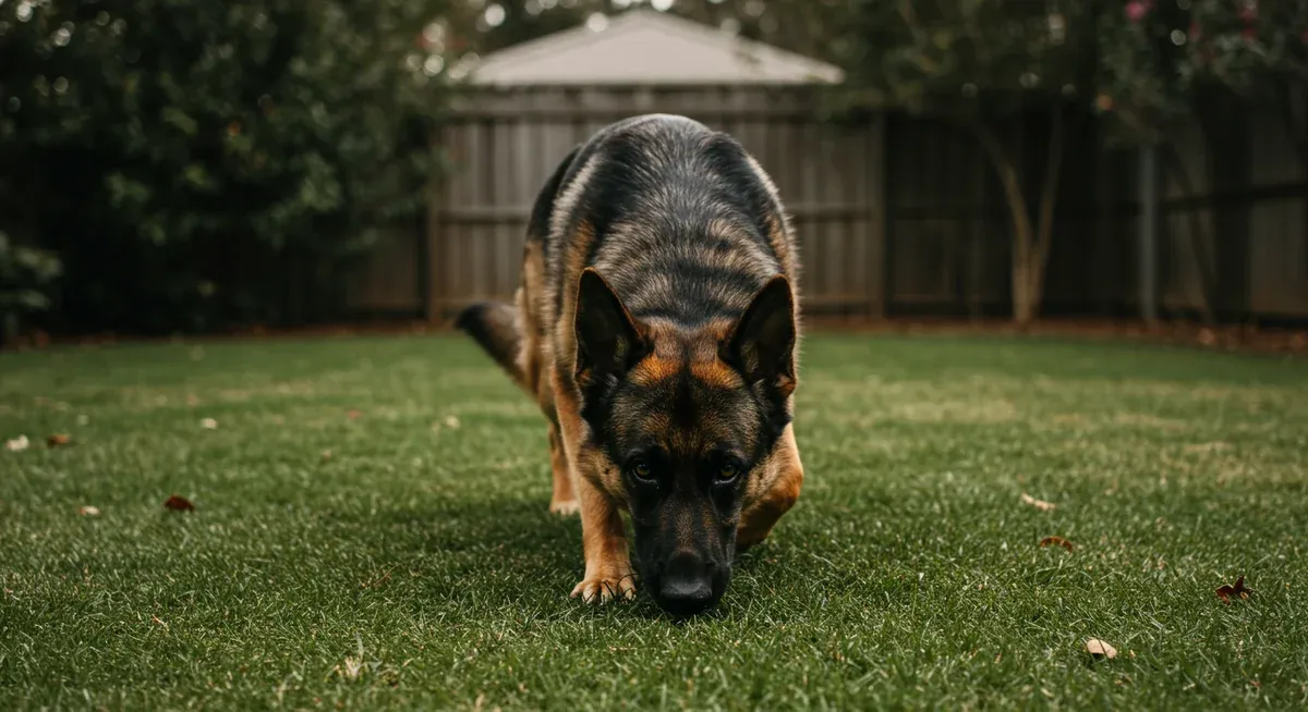 German Shepherd dog using its nose to follow a scent trail on grass, demonstrating natural tracking abilities