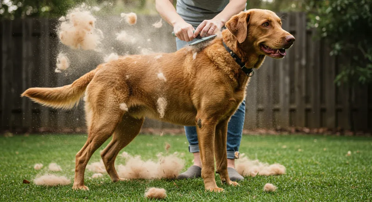 A Chesapeake Bay Retriever being brushed outdoors with large amounts of loose fur visible in the air and on the ground, showing the intensity of seasonal shedding periods