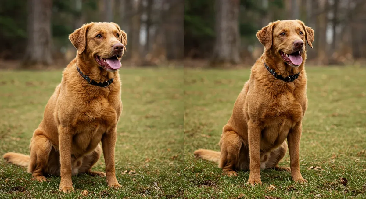 Chesapeake Bay Retriever showing seasonal coat differences between spring and fall, illustrating natural coat transition periods