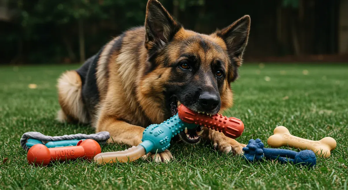 German Shepherd chewing on a durable KONG toy with other heavy-duty chew toys nearby, showing toys designed for powerful jaws