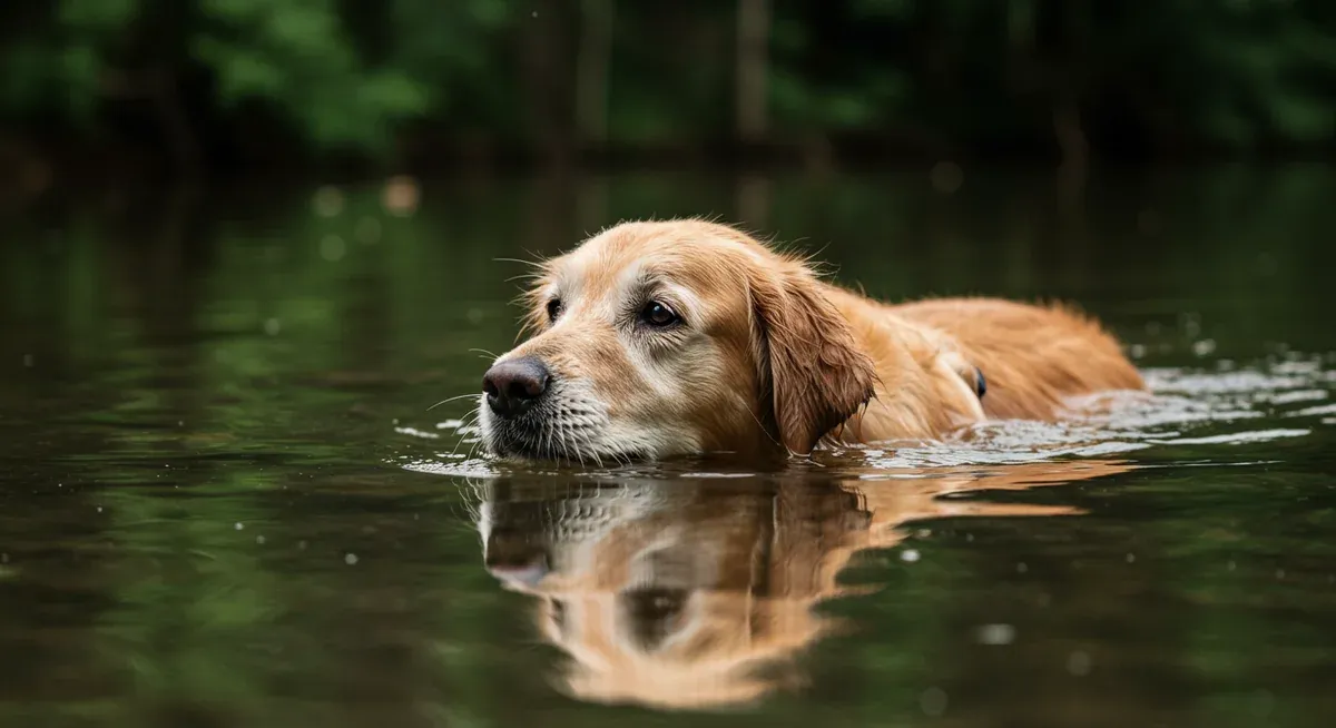 Senior Golden Retriever swimming peacefully, demonstrating appropriate low-impact exercise for dogs over 7 years old with joint considerations