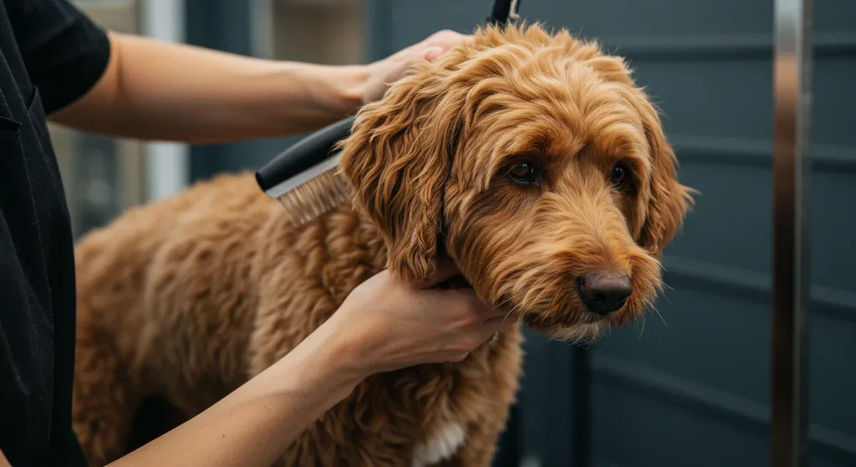 A Labradoodle showing mild anxiety during grooming, demonstrating the touch sensitivity that some dogs of this breed may experience, especially those with Miniature Poodle heritage