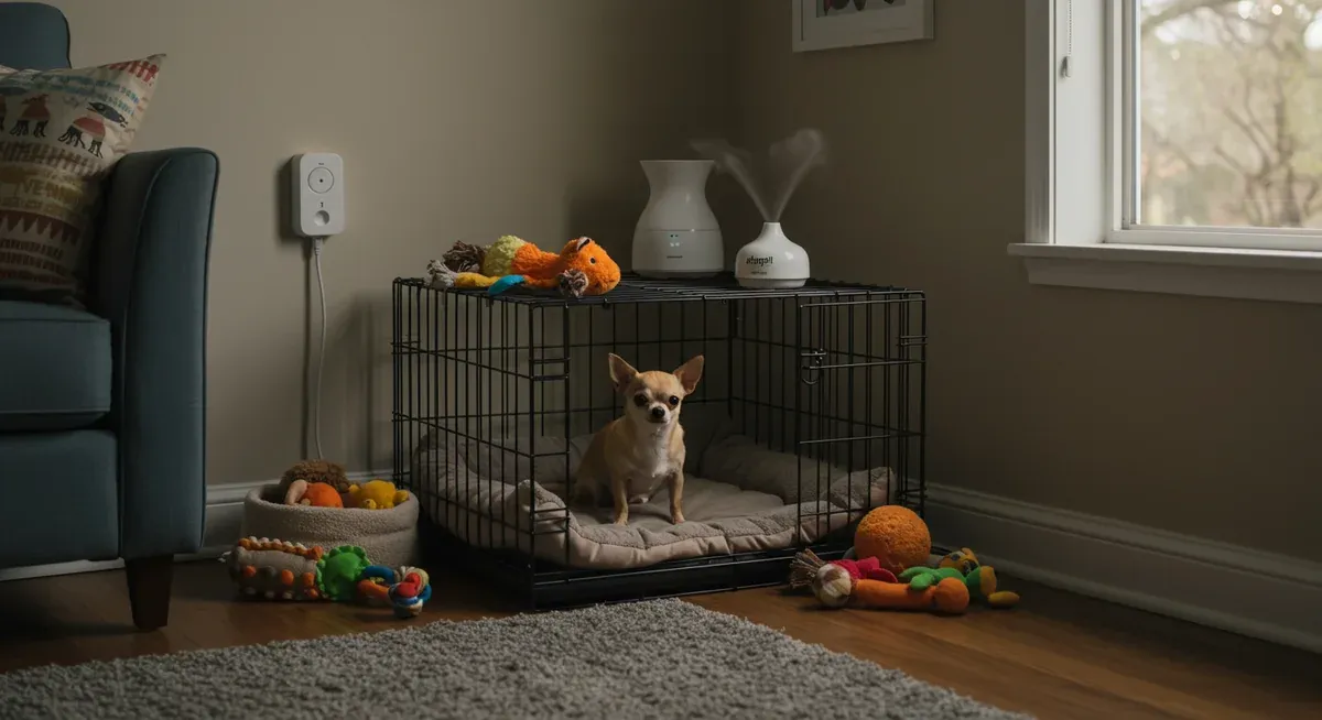 Well-organized comfort zone for a Chihuahua showing crate with bedding, calming aids like pheromone diffuser, toys, and peaceful lighting setup