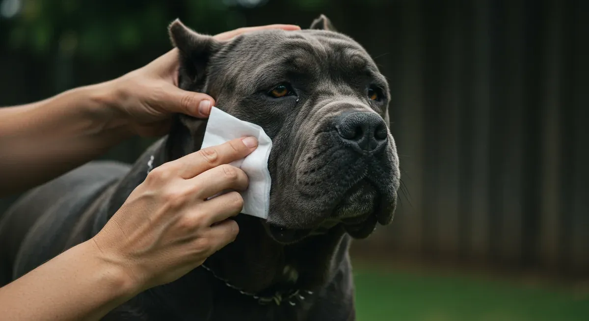 Close-up of careful cleaning of a Neapolitan Mastiff's facial wrinkles, demonstrating proper skin fold maintenance and hygiene care