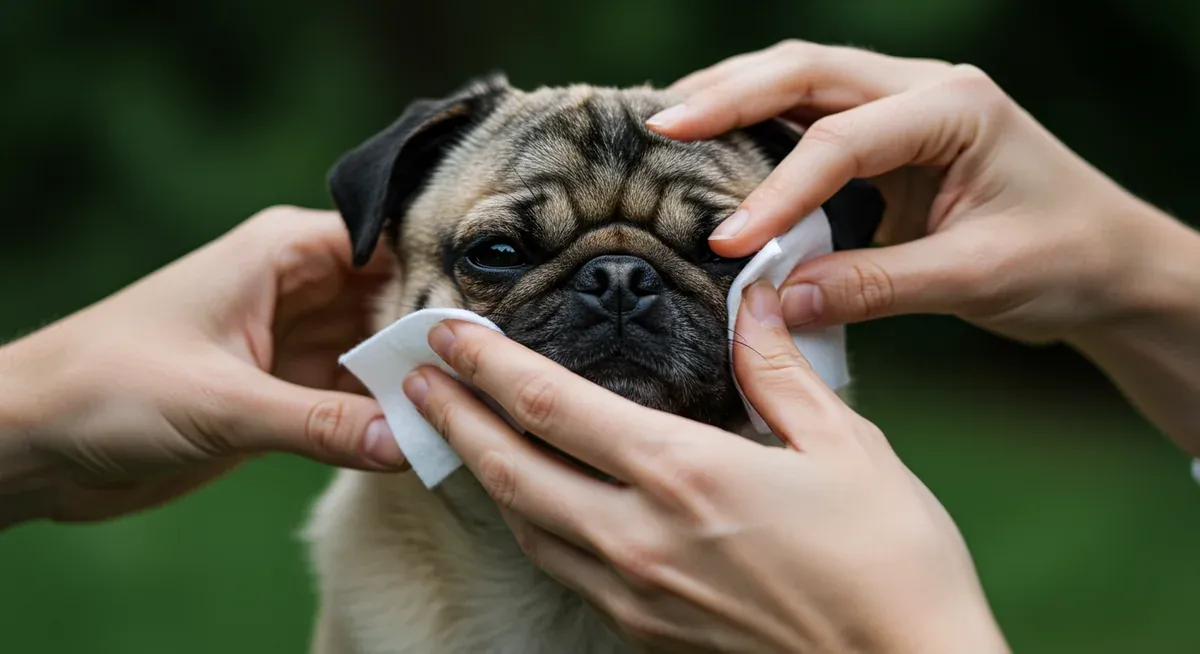 Demonstration of proper skin fold cleaning technique on a Pug's facial wrinkles using veterinary wipes to prevent bacterial and yeast infections
