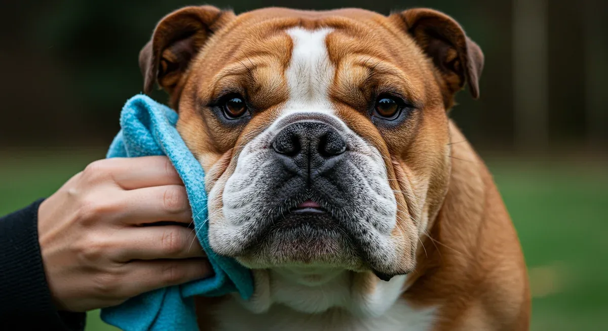 Close-up of English Bulldog's facial wrinkles being cleaned with a soft cloth, showing the deep skin folds that require daily care to prevent infections