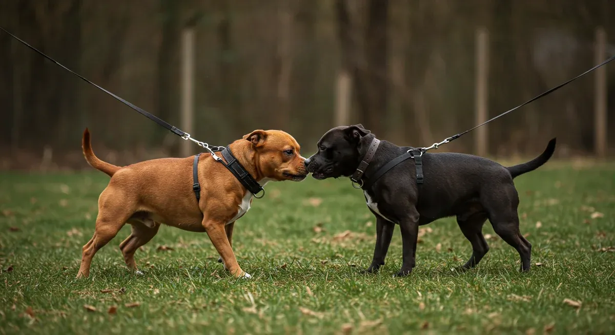 A Staffordshire Bull Terrier calmly meeting another dog during socialisation training, illustrating proper techniques for managing potential dog reactivity issues