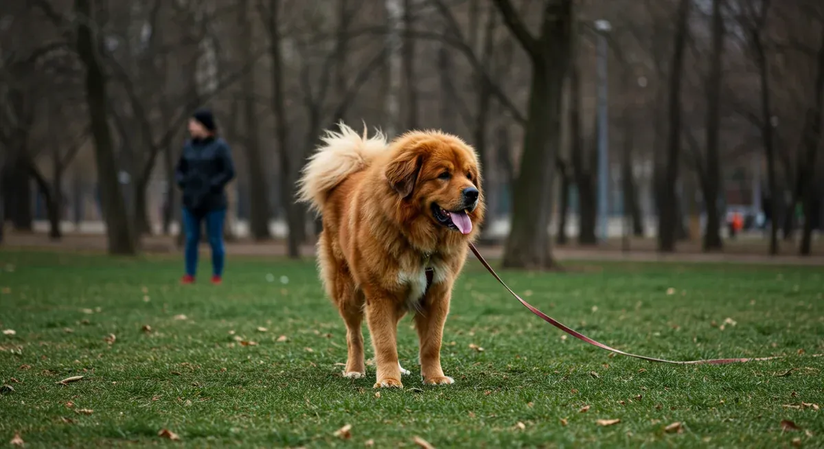 A Tibetan Mastiff demonstrating proper socialization behavior by remaining calm and controlled while observing strangers in a public setting