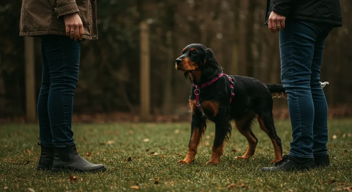 A Gordon Setter puppy being introduced to new people in a controlled environment, demonstrating proper socialisation techniques to address their natural wariness with strangers